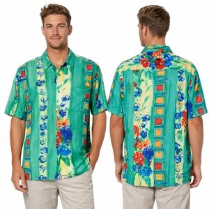 VINTAGE JAMS WORLD Button Up Shirt Mens Small Green Hawaiian Rayon Camp Shirt